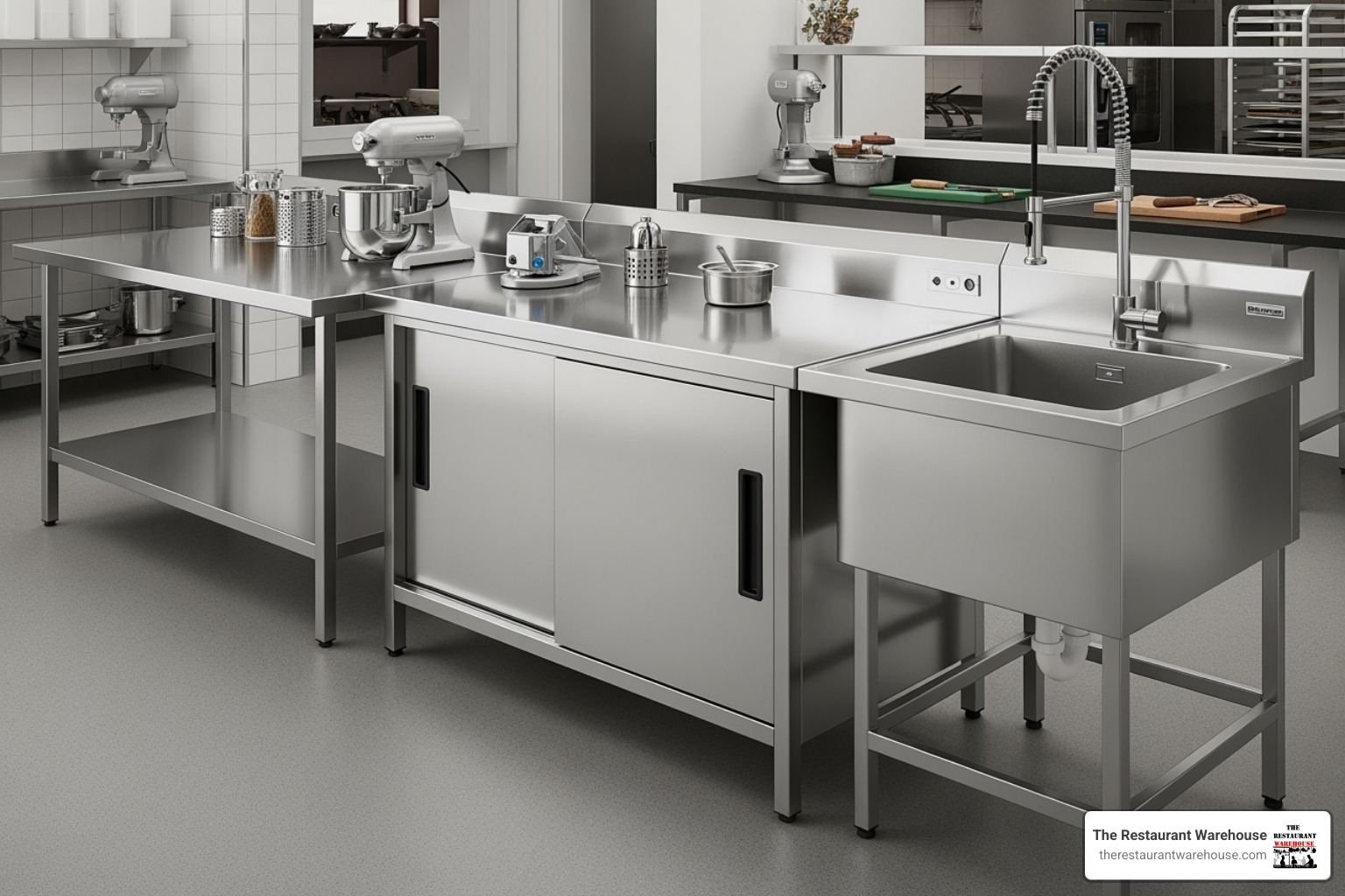 three different types of prep tables side-by-side: open base, cabinet base, and one with a sink - Stainless steel prep table three different types of prep tables side-by-side: open base, cabinet base, and one with a sink - Stainless steel prep table