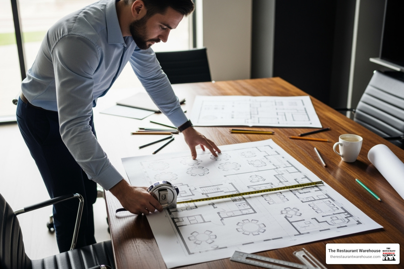 A business owner measuring a floor plan with outlines for tables and chairs. - commercial grade table