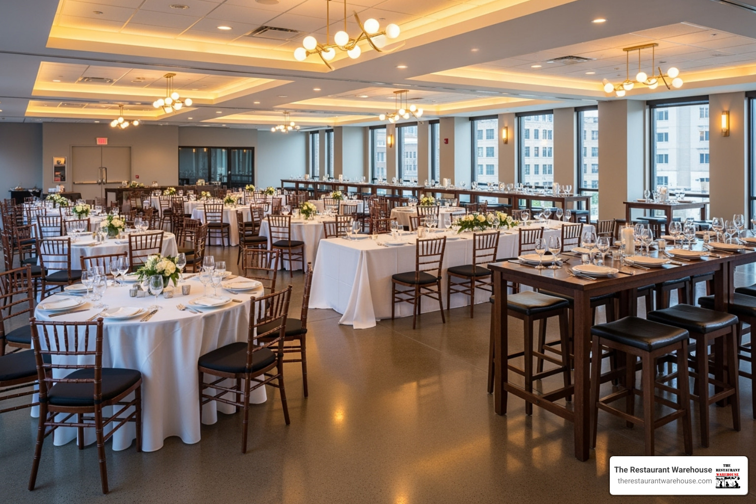 A versatile event space showcasing different types of tables: round dining tables, long banquet tables, and tall bar-height tables. - commercial grade table