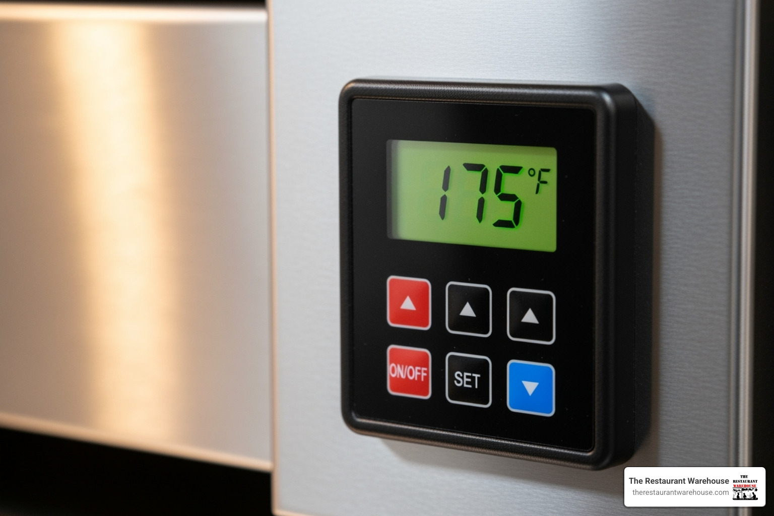 close-up on a digital temperature controller and stainless steel finish - 48 inch pizza prep table