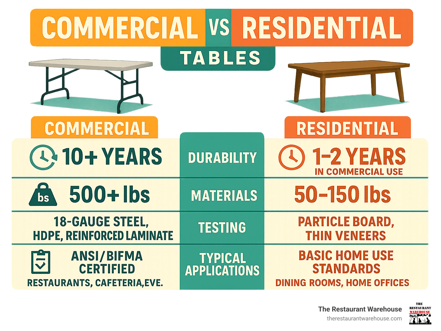 Infographic showing comparison between commercial and residential tables, including durability ratings (commercial: 10+ years vs residential: 1-2 years in commercial use), weight capacity (commercial: 500+ lbs vs residential: 50-150 lbs), materials used (commercial: 18-gauge steel, HDPE, reinforced laminate vs residential: particle board, thin veneers), testing standards (commercial: ANSI/BIFMA certified vs residential: basic home use standards), and typical applications (commercial: restaurants, cafeterias, event venues vs residential: dining rooms, home offices) - commercial grade table infographic 