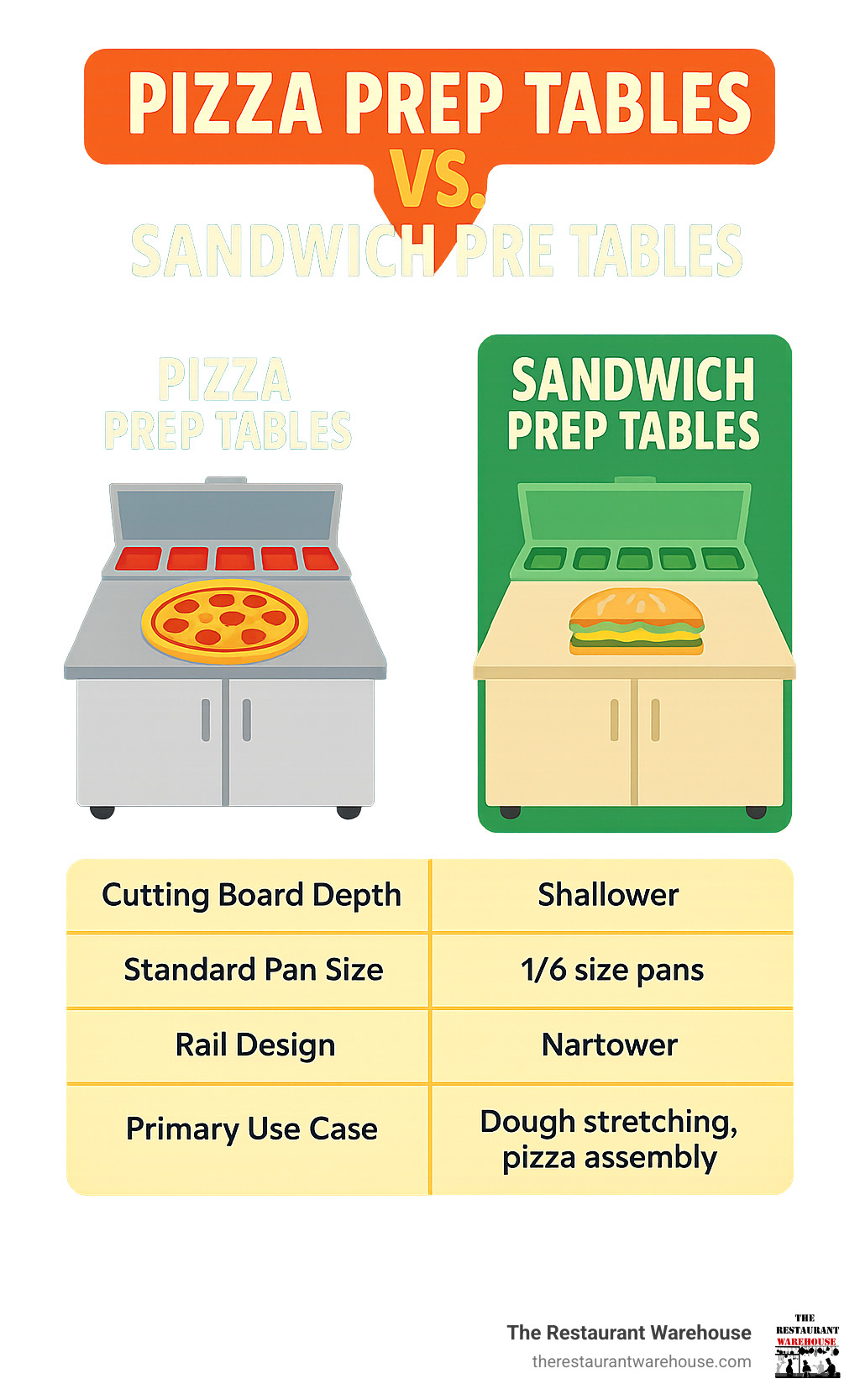 TABLE comparing Pizza Prep Tables and Sandwich Prep Tables - 48 inch pizza prep table infographic 