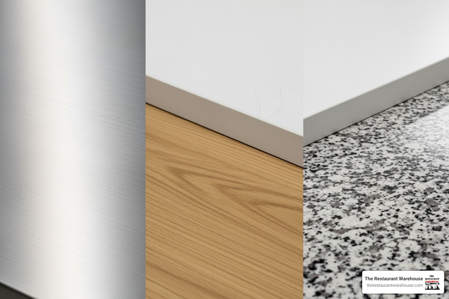 A close-up collage showing the textures of different table materials: stainless steel, high-density polyethylene (HDPE), laminate, and granite. - commercial grade table