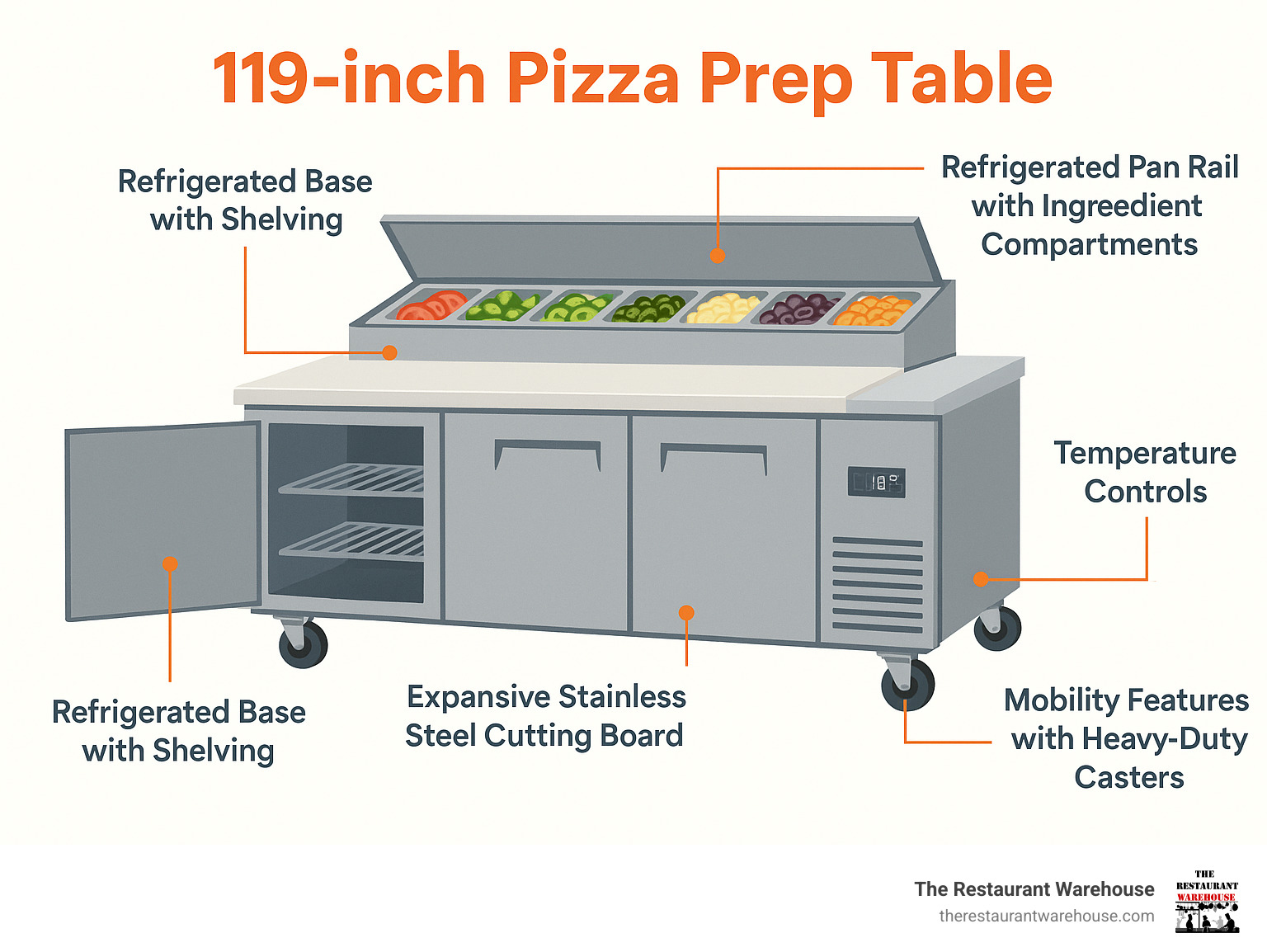 Detailed breakdown of 119-inch pizza prep table components showing refrigerated base with shelving, expansive stainless steel cutting board area, refrigerated pan rail with ingredient compartments, temperature controls, and mobility features with heavy-duty casters - 119 pizza prep table infographic 
