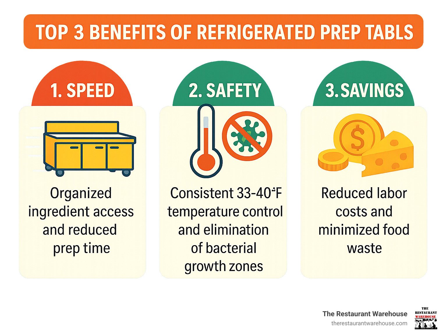 Infographic showing the top 3 benefits of refrigerated prep tables: Speed through organized ingredient access and reduced prep time, Safety via consistent 33-40°F temperature control and elimination of bacterial growth zones, and Savings from reduced labor costs and minimized food waste - refrigerator prep table infographic Infographic showing the top 3 benefits of refrigerated prep tables: Speed through organized ingredient access and reduced prep time, Safety via consistent 33-40°F temperature control and elimination of bacterial growth zones, and Savings from reduced labor costs and minimized food waste - refrigerator prep table infographic