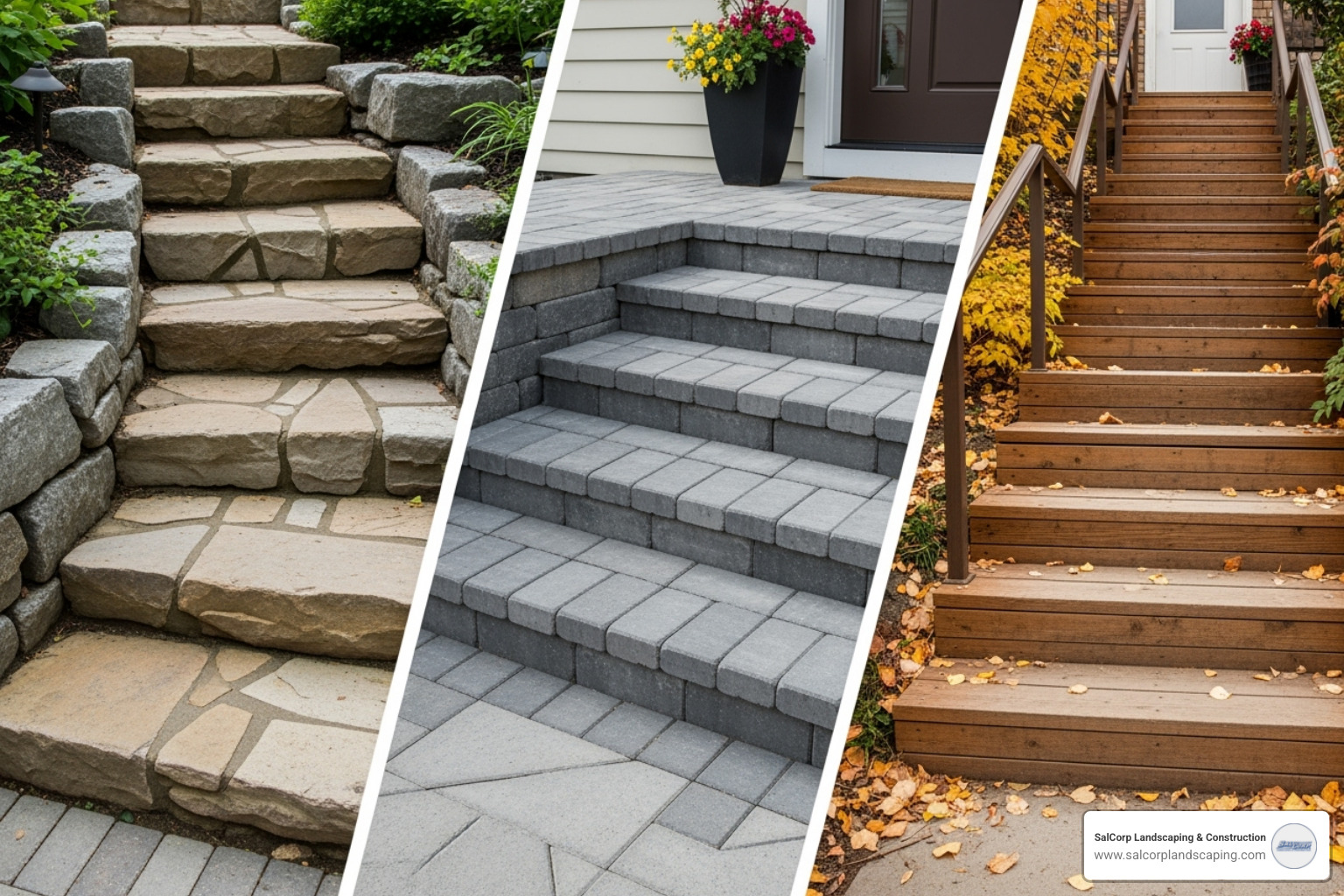 collage showing natural stone, concrete pavers, and wood steps - front yard landscaping ideas with stairs