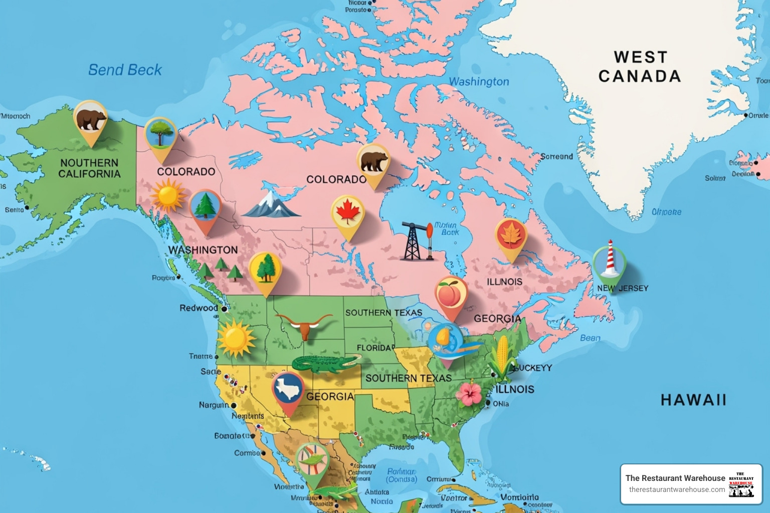 Map of North America highlighting Atosa office locations with pins in Southern California, Northern California, Washington, Colorado, Southern Texas, Northern Texas, Florida, Georgia, Ohio, Illinois, New Jersey, Hawaii, and both East and West Canada - atosa parts phone number