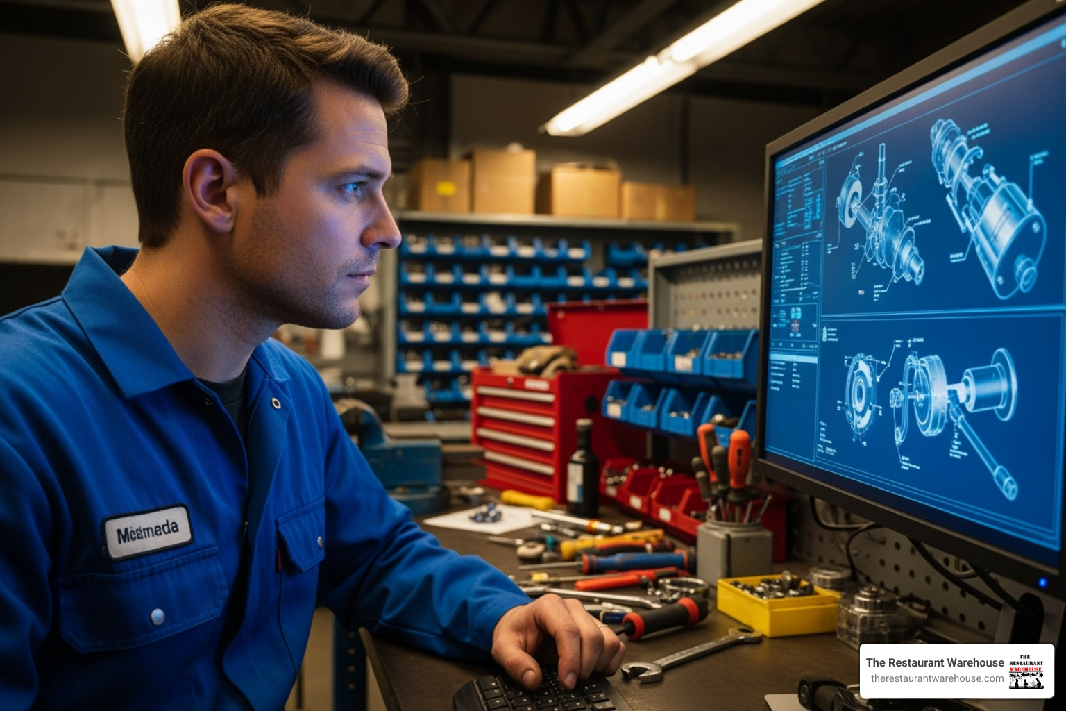 technician looking up a part on a computer - atosa parts phone number