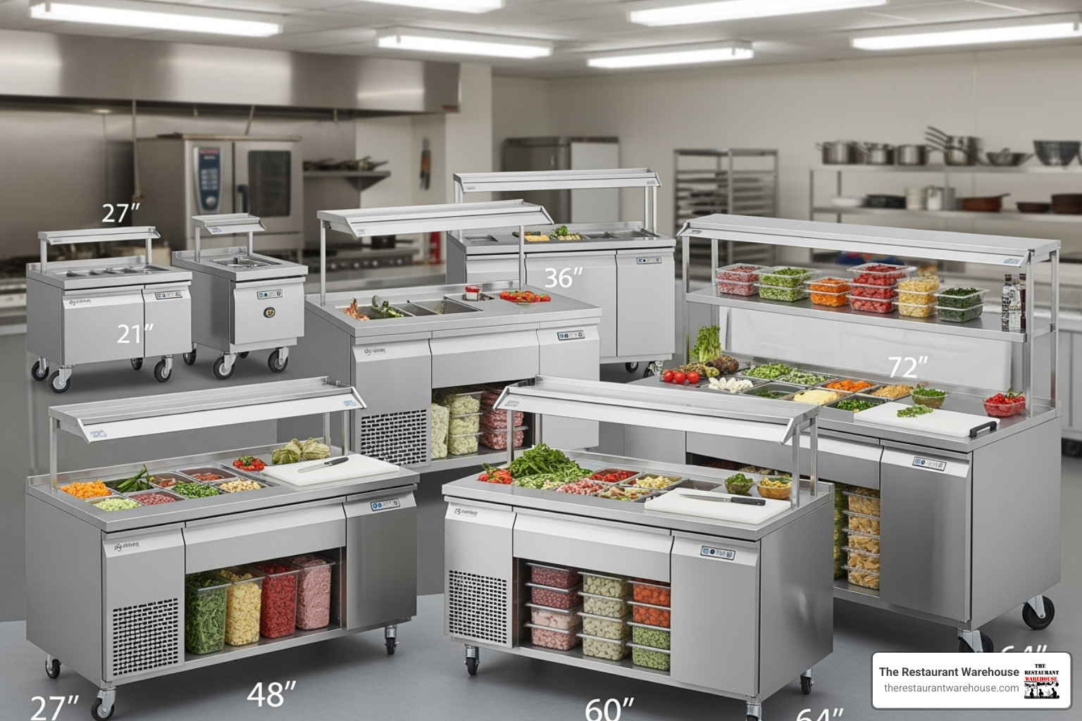 different sizes of prep tables, from a compact 27-inch to a large 72-inch model. - cold prep table