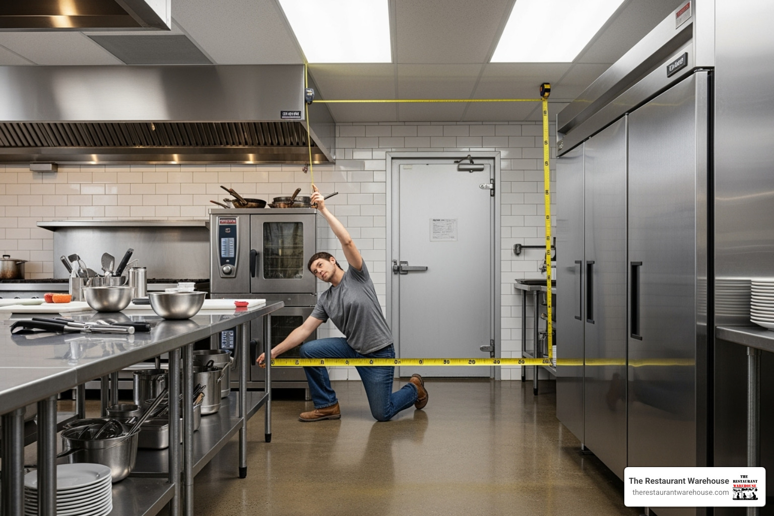 Image illustrating how to measure kitchen space, including clearance for door swing and ventilation - Commercial freezer dimensions Image illustrating how to measure kitchen space, including clearance for door swing and ventilation - Commercial freezer dimensions