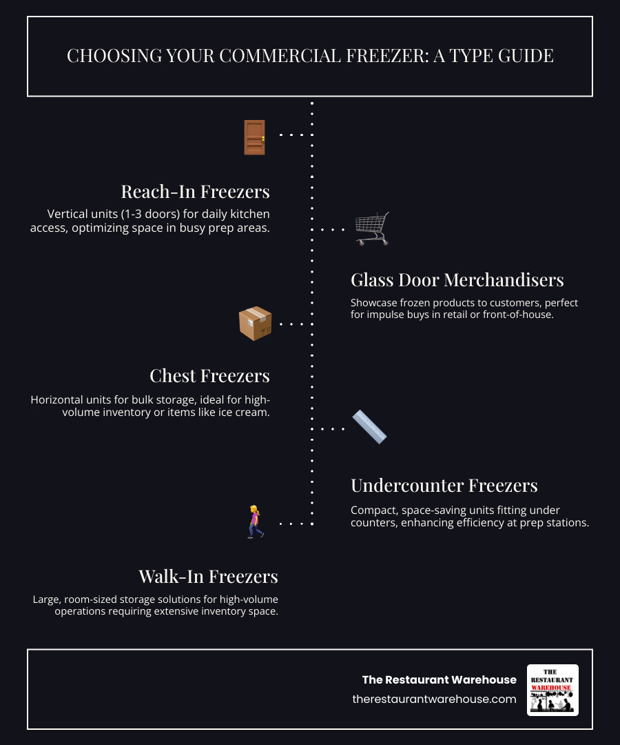 Comprehensive guide showing the four main types of commercial freezers: Reach-In Freezers with single/double/triple door configurations, Glass Door Merchandisers for product display, Chest Freezers for bulk storage, and Undercounter Freezers for space-saving solutions, including capacity ranges and ideal use cases for each type - Commercial freezer for sale infographic infographic-line-5-steps-dark