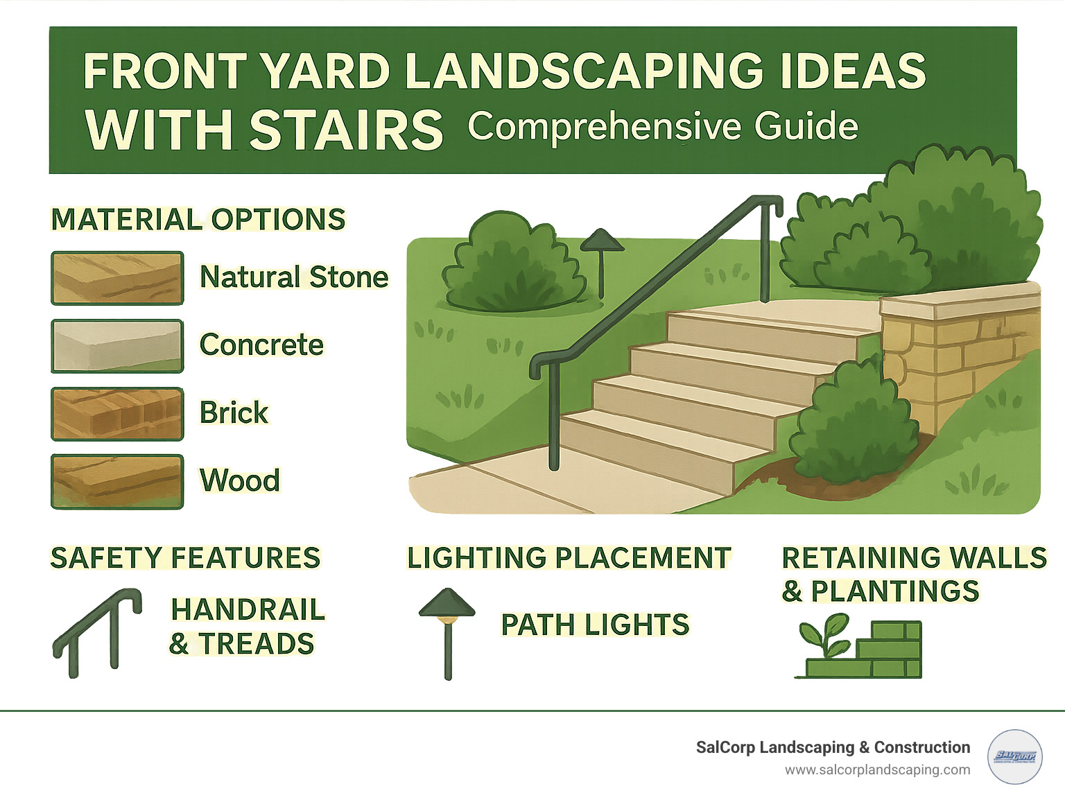 Comprehensive guide showing front yard stair design elements including material options, safety features, lighting placement, and integration with retaining walls and plantings - front yard landscaping ideas with stairs infographic 