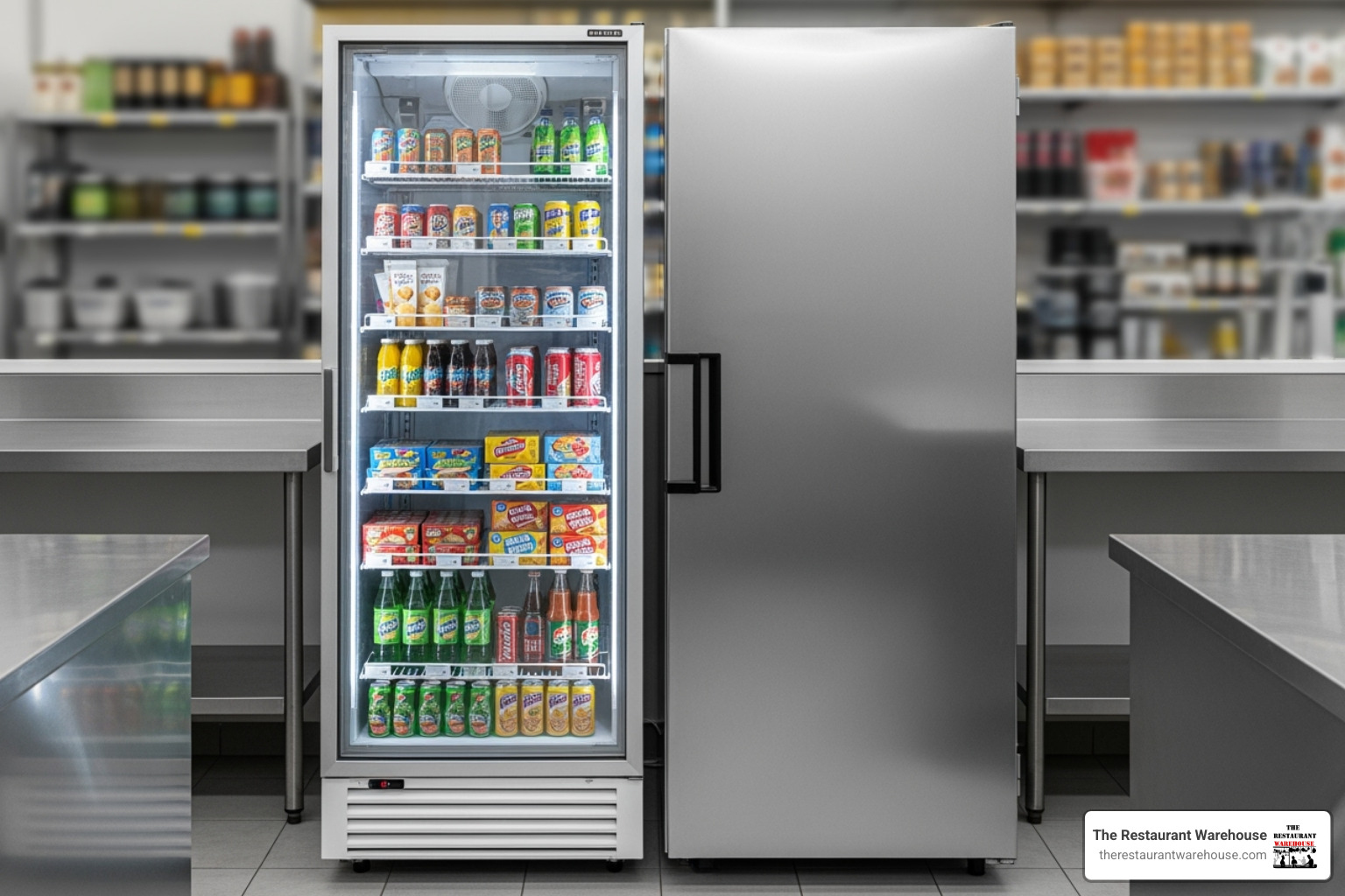 Glass door merchandiser freezer next to a solid door reach-in freezer - Commercial freezer for sale