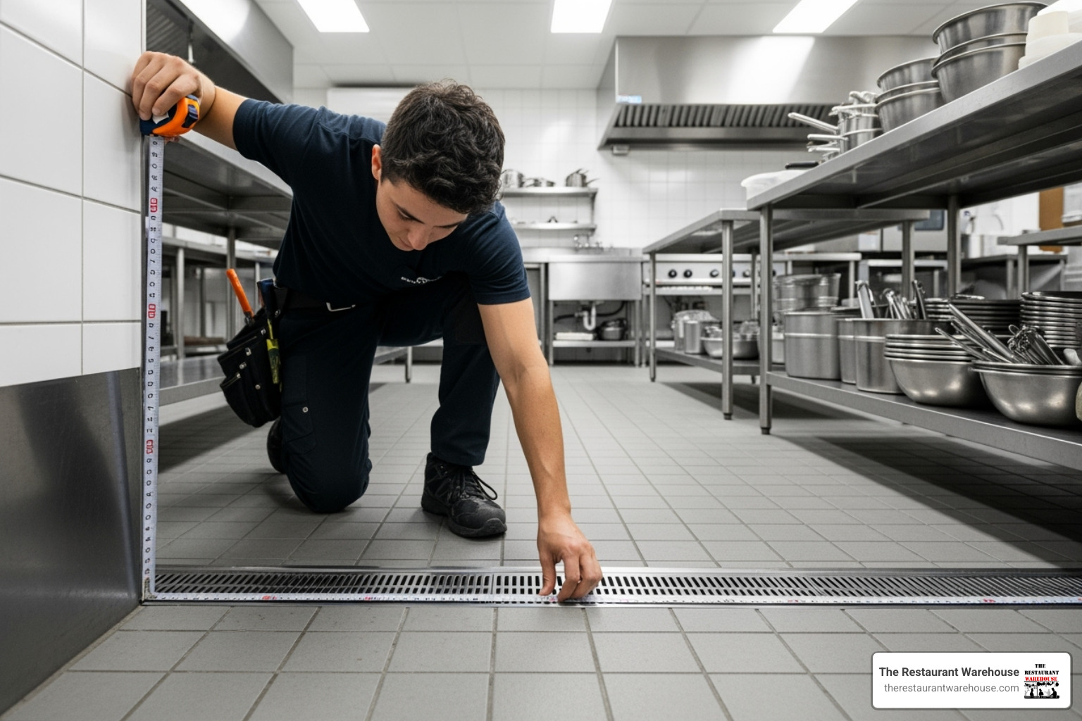 Person measuring floor space for a new freezer in a kitchen - Commercial freezer for sale