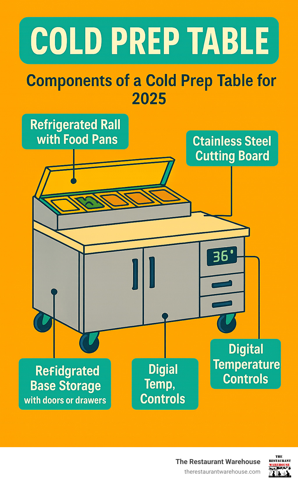 Comprehensive breakdown of cold prep table components showing refrigerated rail with food pans, stainless steel cutting board work surface, refrigerated base storage with doors or drawers, digital temperature controls, and caster wheels for mobility - cold prep table infographic 