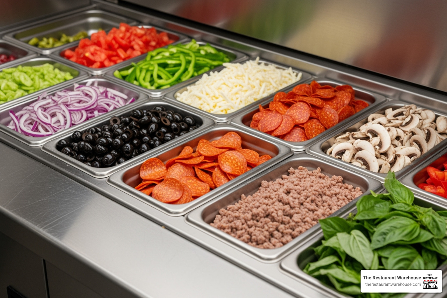 Image of the top rail of a pizza prep table filled with colorful ingredients in 1/3 size pans - 4 door pizza prep table