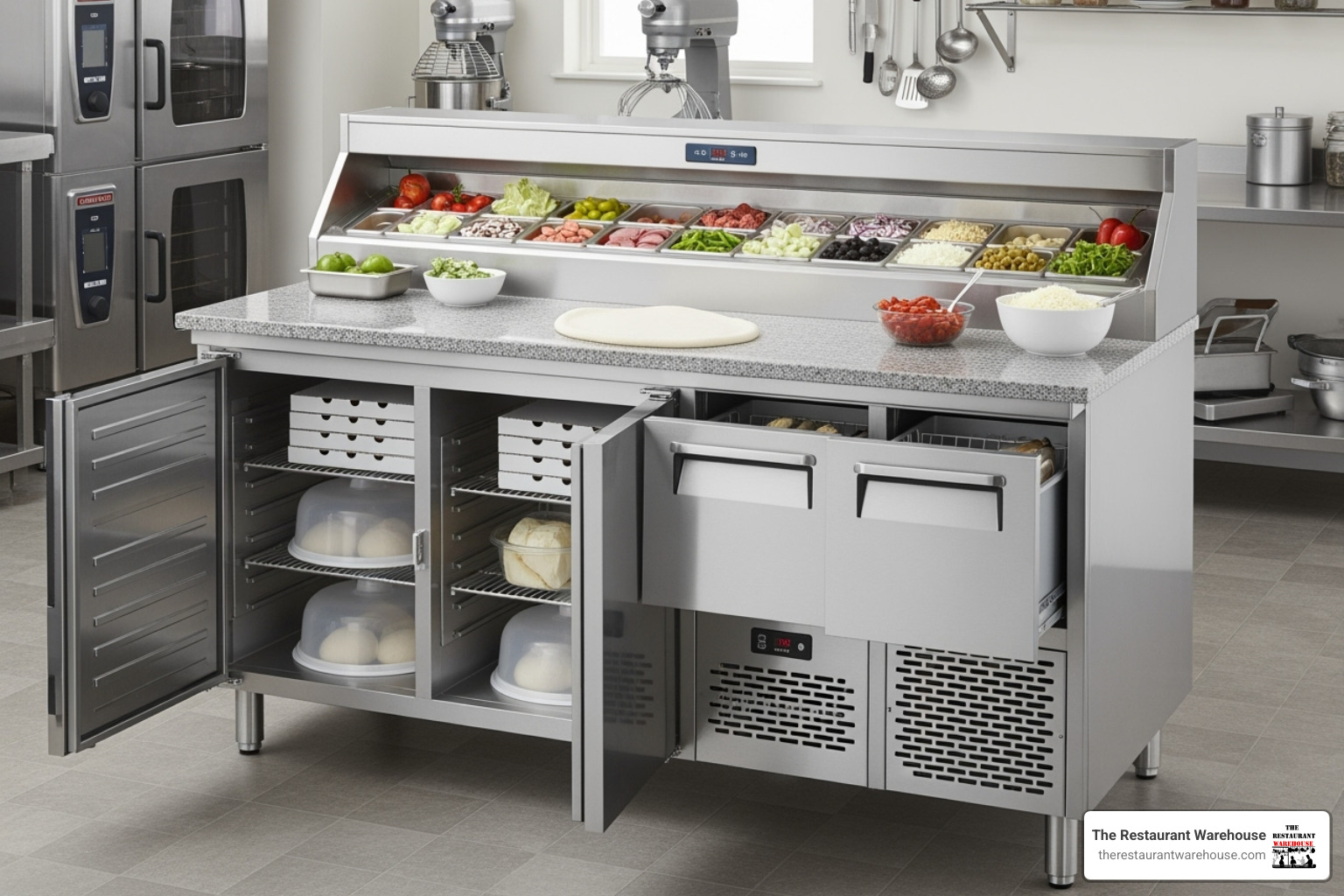 Image of a premium pizza prep table highlighting a combination of doors and drawers - 4 door pizza prep table