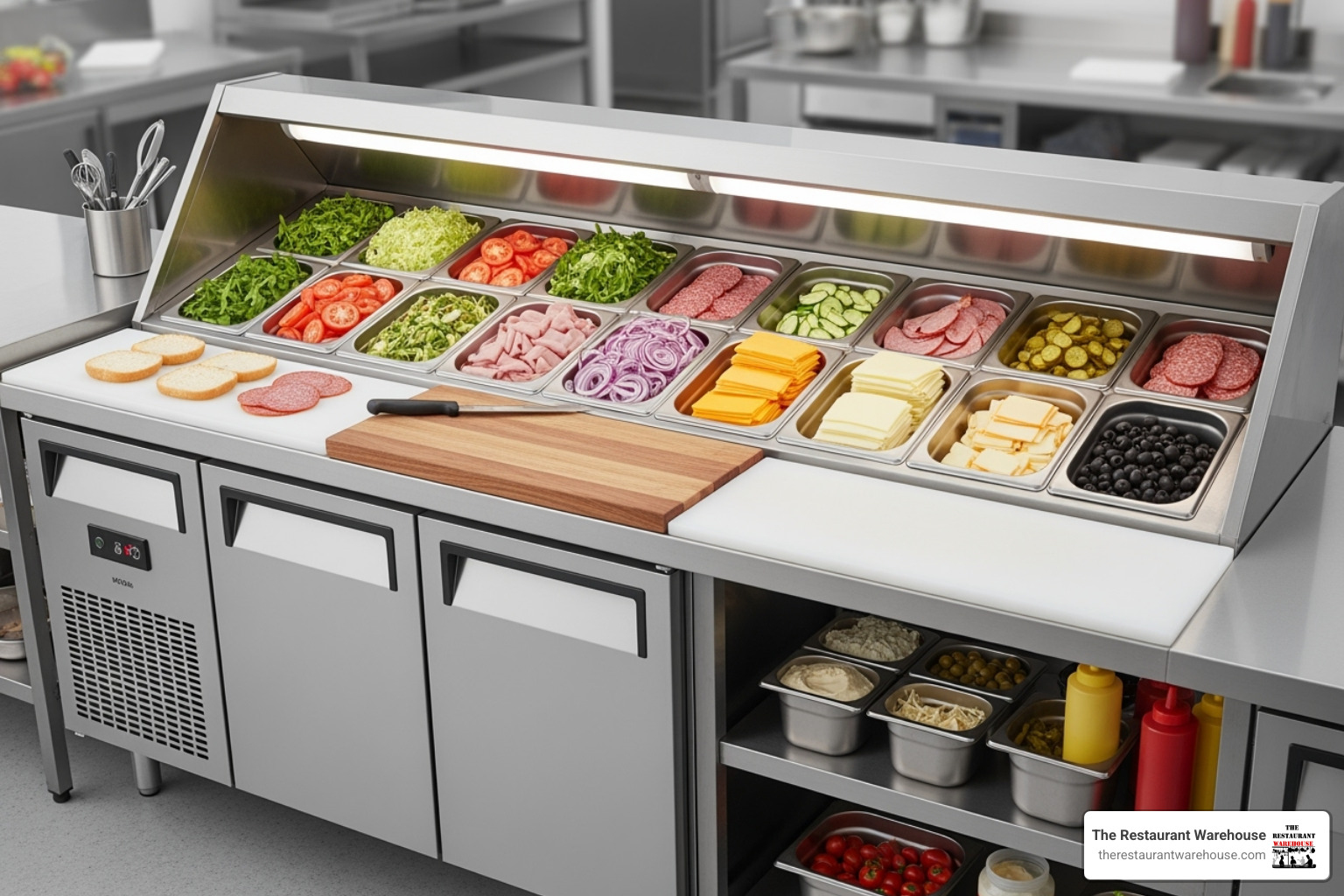 Atosa sandwich prep table with ingredients in the pans - atosa commercial fridge