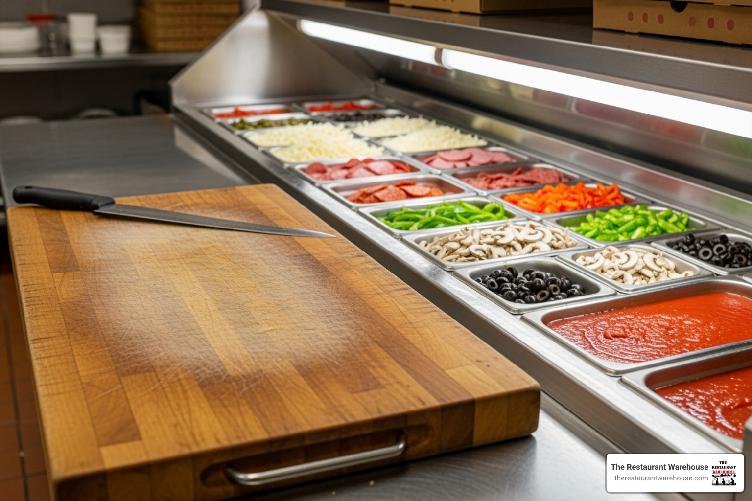 large, deep cutting board next to the refrigerated pan rail - 93 inch pizza prep table
