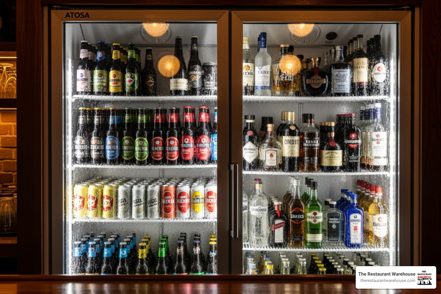 Atosa glass door back bar cooler stocked with beverages - atosa commercial fridge