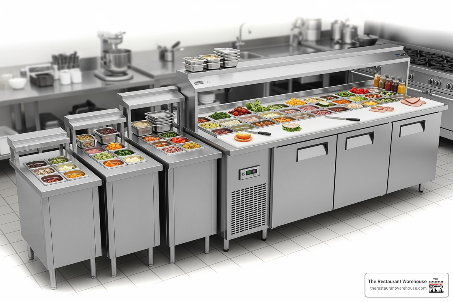 lineup of different sized mega top sandwich prep tables from compact to large in a commercial kitchen setting - mega top sandwich prep table lineup of different sized mega top sandwich prep tables from compact to large in a commercial kitchen setting - mega top sandwich prep table