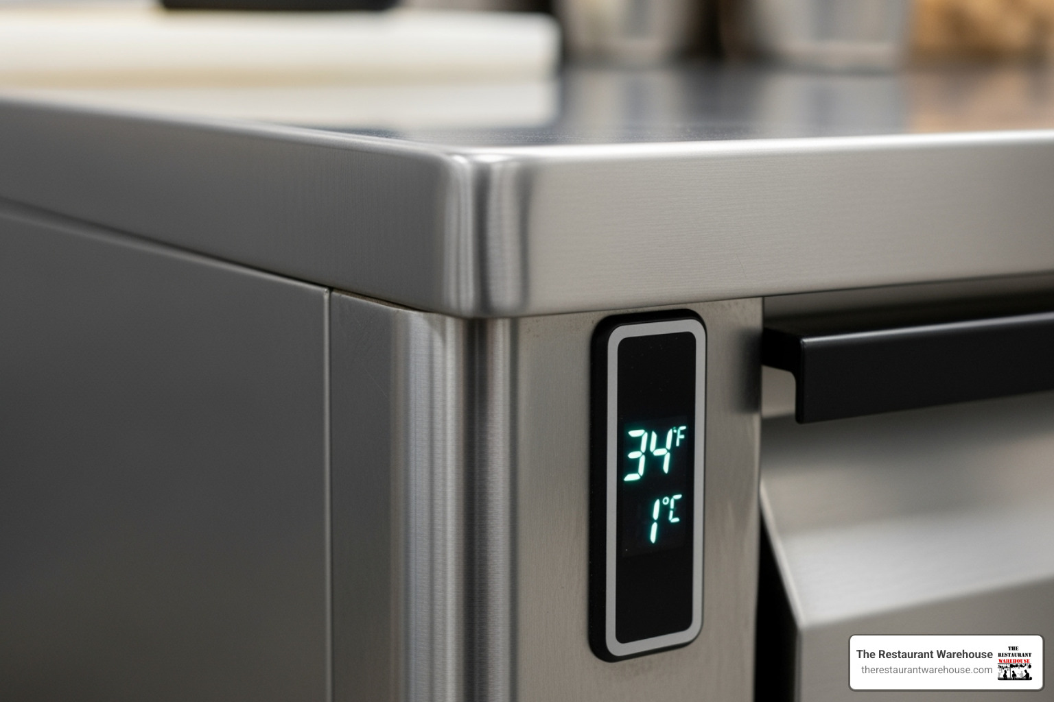stainless steel corner and a close-up of a digital temperature display on a mega top sandwich prep table - mega top sandwich prep table stainless steel corner and a close-up of a digital temperature display on a mega top sandwich prep table - mega top sandwich prep table