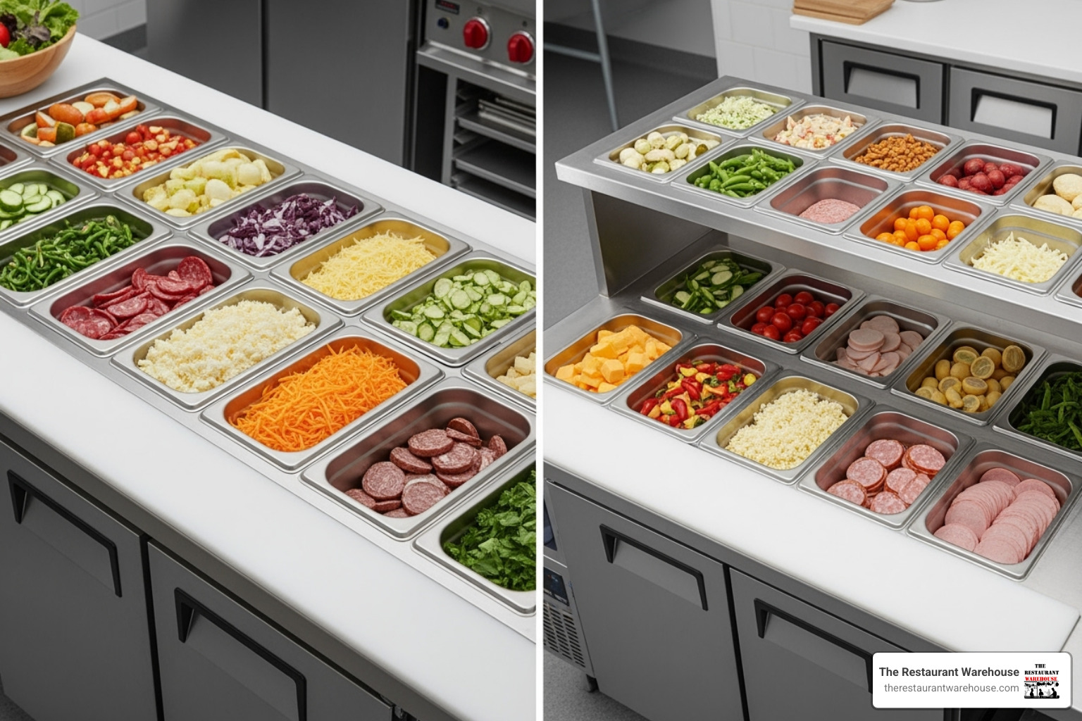 side-by-side comparison of a standard top and a mega top prep table - sandwich station cooler