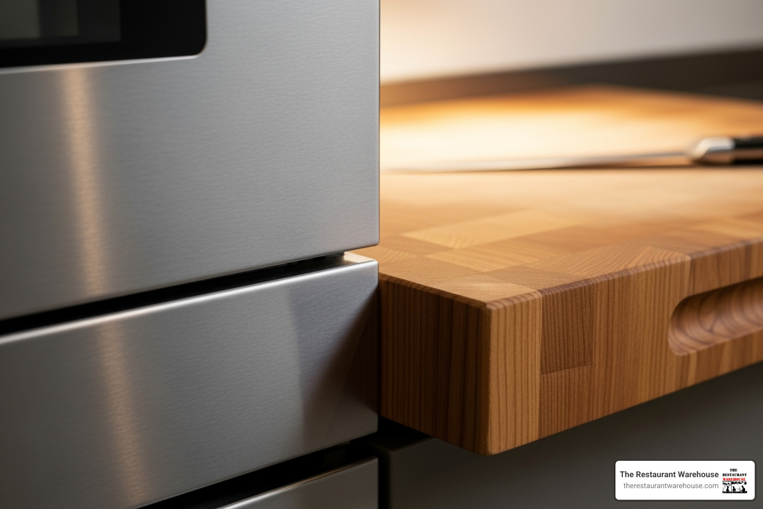 close-up shot of a stainless steel exterior and a durable cutting board - sandwich station cooler