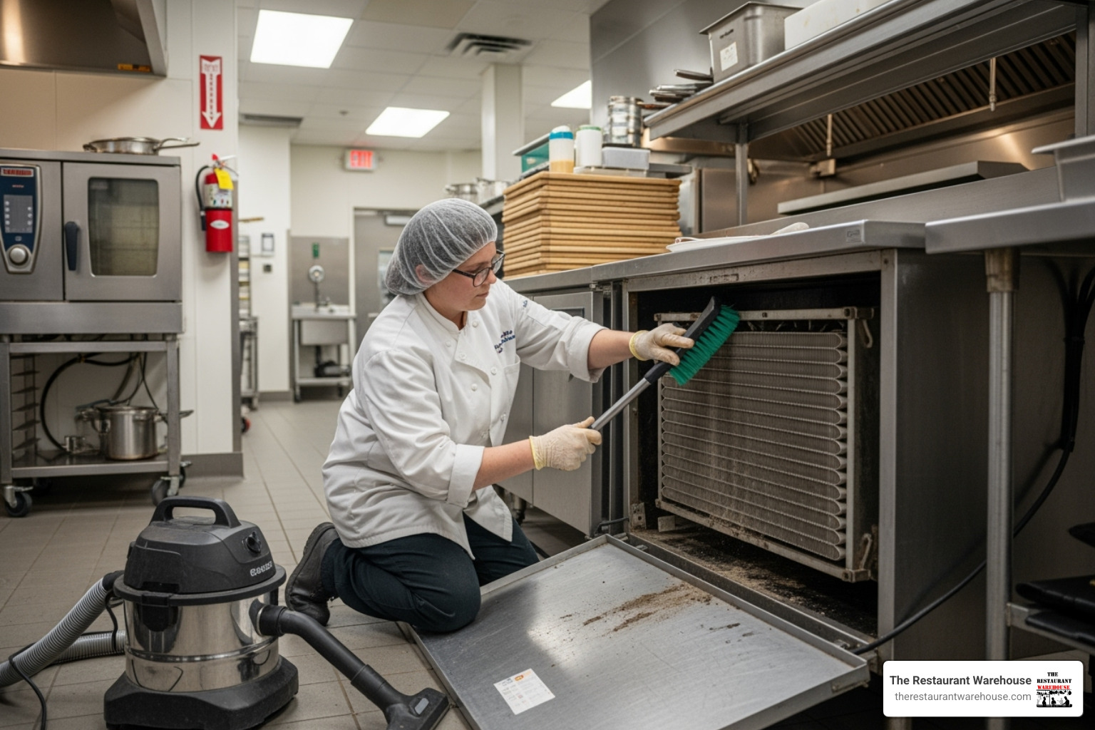 staff member cleaning the coils of a sandwich prep table - sandwich station cooler