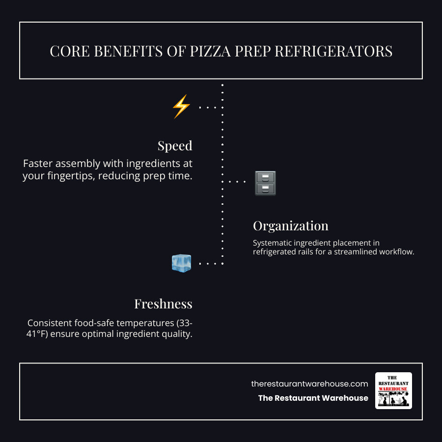 Infographic showing the three core benefits of pizza prep refrigerators: Speed (faster assembly with ingredients at fingertips), Organization (systematic ingredient placement in refrigerated rails), and Freshness (consistent food-safe temperatures between 33-41°F for optimal ingredient quality) - pizza prep refrigerator infographic infographic-line-3-steps-dark