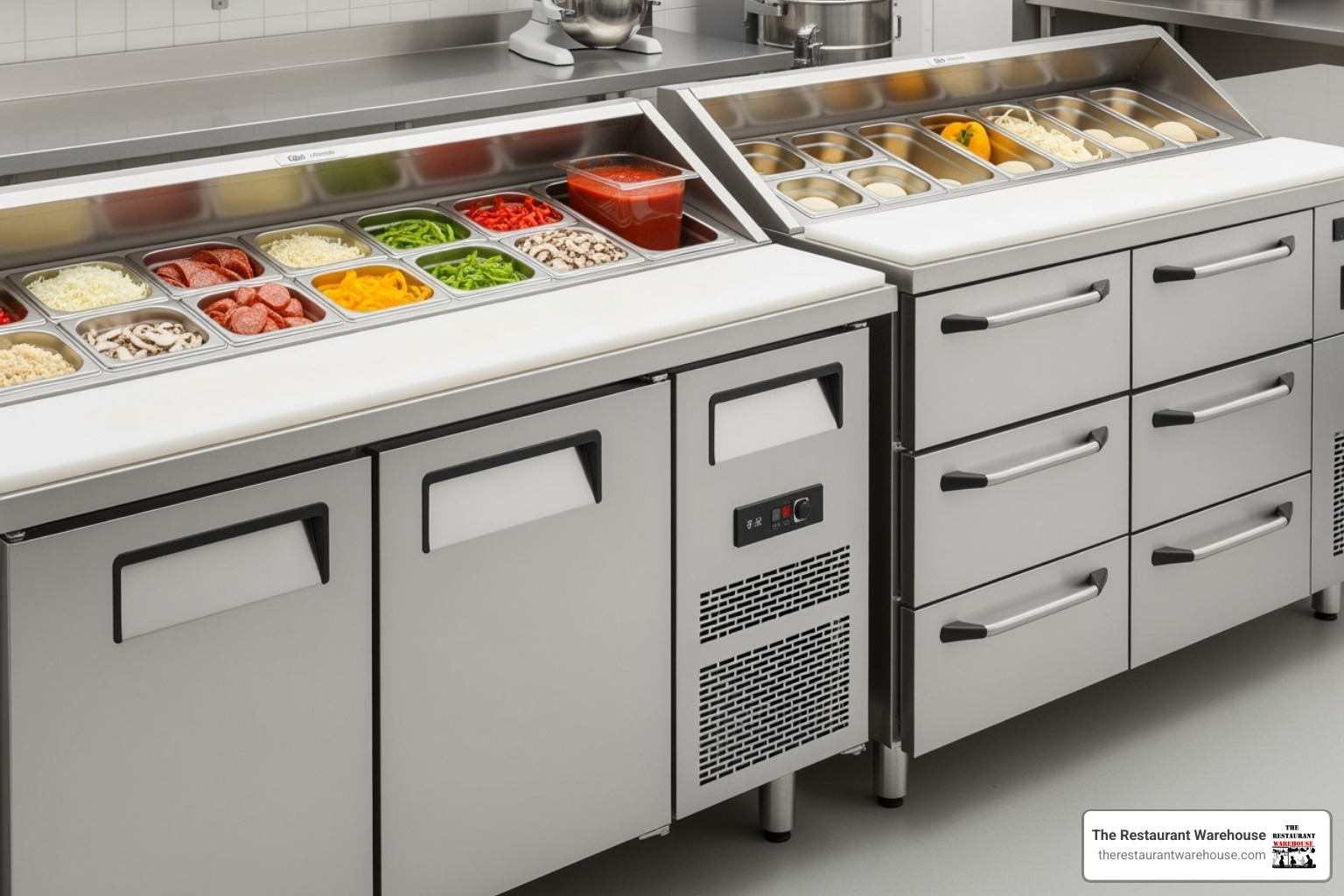 A unit with doors compared to a unit with drawers - pizza prep refrigerator