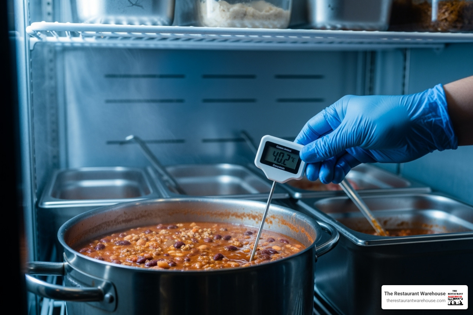 A thermometer checking the temperature of food inside a commercial refrigerator, highlighting temperature control in food safety - Cold food prep