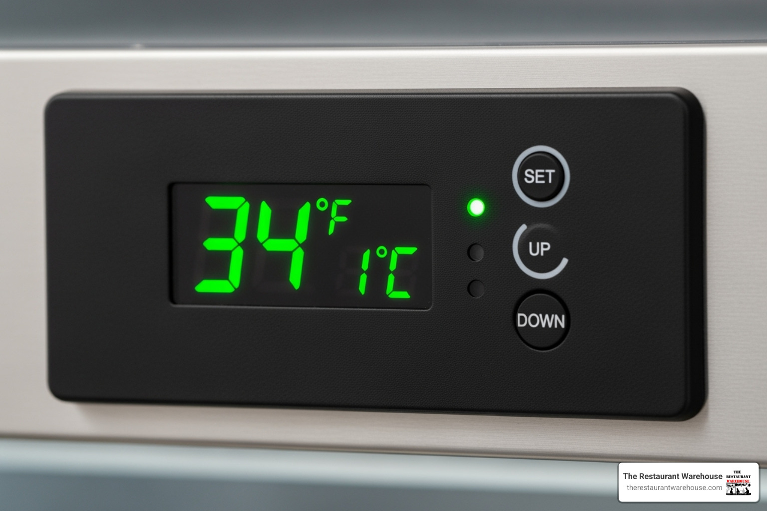 Close-up on a digital temperature control panel - pizza prep refrigerator