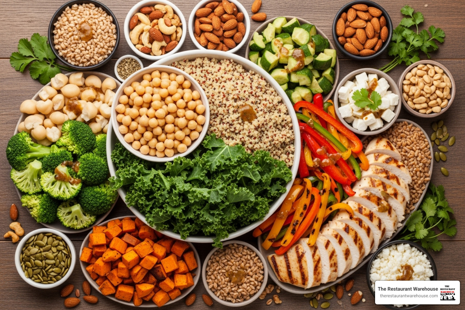 A vibrant spread of ideal cold prep ingredients including quinoa, chickpeas, kale, bell peppers, grilled chicken, and various hardy vegetables and grains - Cold food prep
