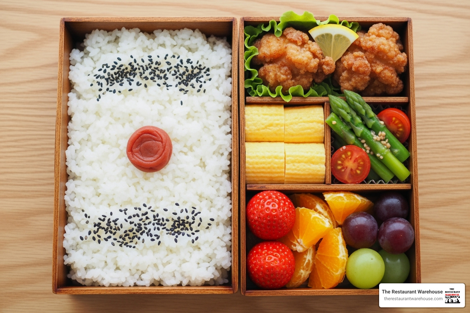 A beautifully packed bento box with distinct compartments for various food items, highlighting organized and appealing meal presentation - Cold food prep