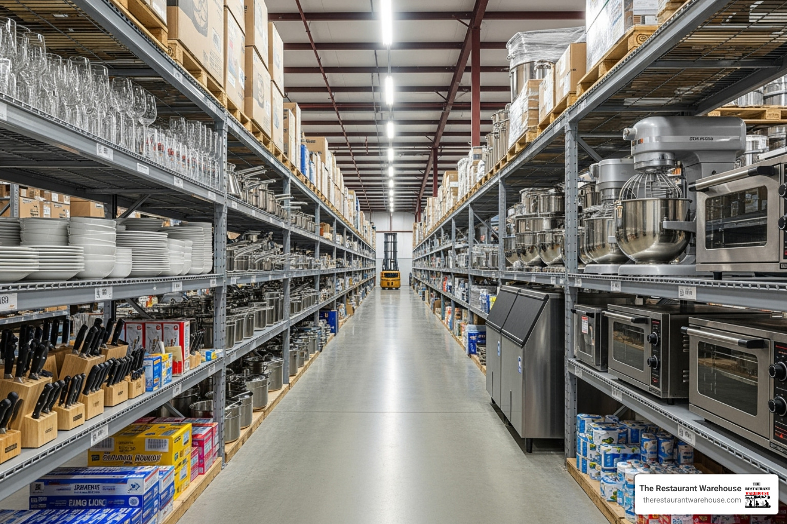 large, clean warehouse aisle stocked with restaurant supplies - Restaurant supplies USA