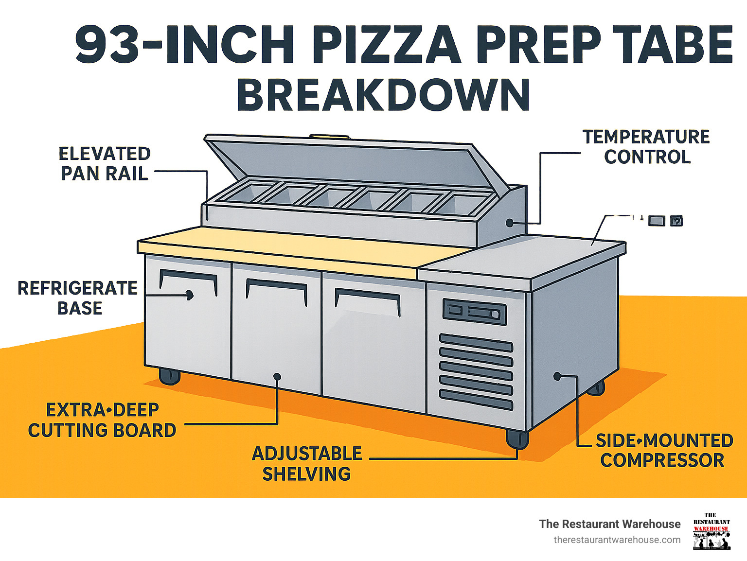 Comprehensive breakdown of 93-inch pizza prep table components showing refrigerated base with adjustable shelving, liftd pan rail, extra-deep cutting board workspace, side-mounted compressor location, and temperature control system - 93 inch pizza prep table infographic 