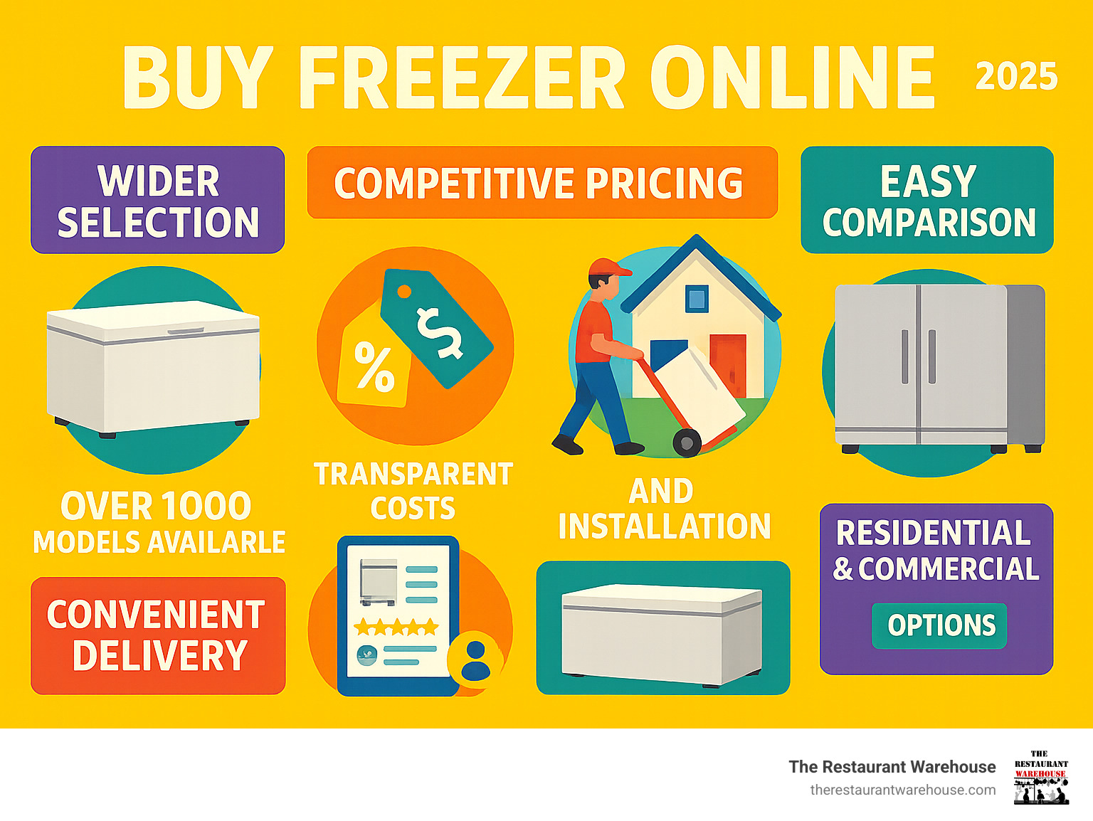 Infographic showing the key benefits of buying freezers online: wider selection with over 1000 models available, competitive pricing with transparent costs, convenient home delivery and installation services, easy comparison shopping with customer reviews and ratings, and access to both residential and commercial-grade options - Buy freezer online infographic 
