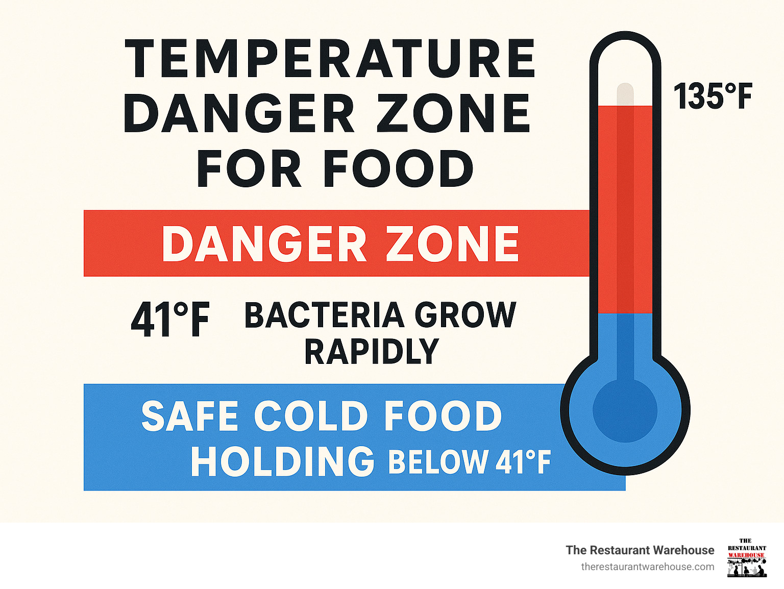 Infographic illustrating the temperature danger zone for food, with a red zone indicating temperatures between 41°F and 135°F where bacteria grow rapidly, and a blue zone indicating safe cold food holding temperatures below 41°F - sandwich station cooler infographic 