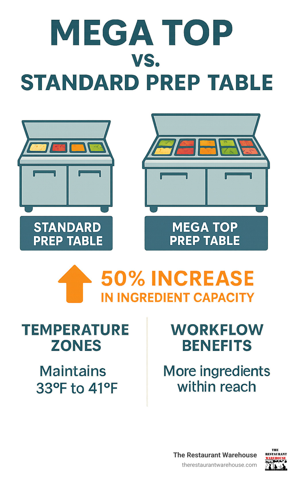 Detailed comparison infographic showing a standard prep table with two rows of ingredient pans versus a mega top prep table with three rows of pans, highlighting the 50% increase in ingredient capacity, temperature zones, and workflow benefits - mega top sandwich prep table infographic Detailed comparison infographic showing a standard prep table with two rows of ingredient pans versus a mega top prep table with three rows of pans, highlighting the 50% increase in ingredient capacity, temperature zones, and workflow benefits - mega top sandwich prep table infographic