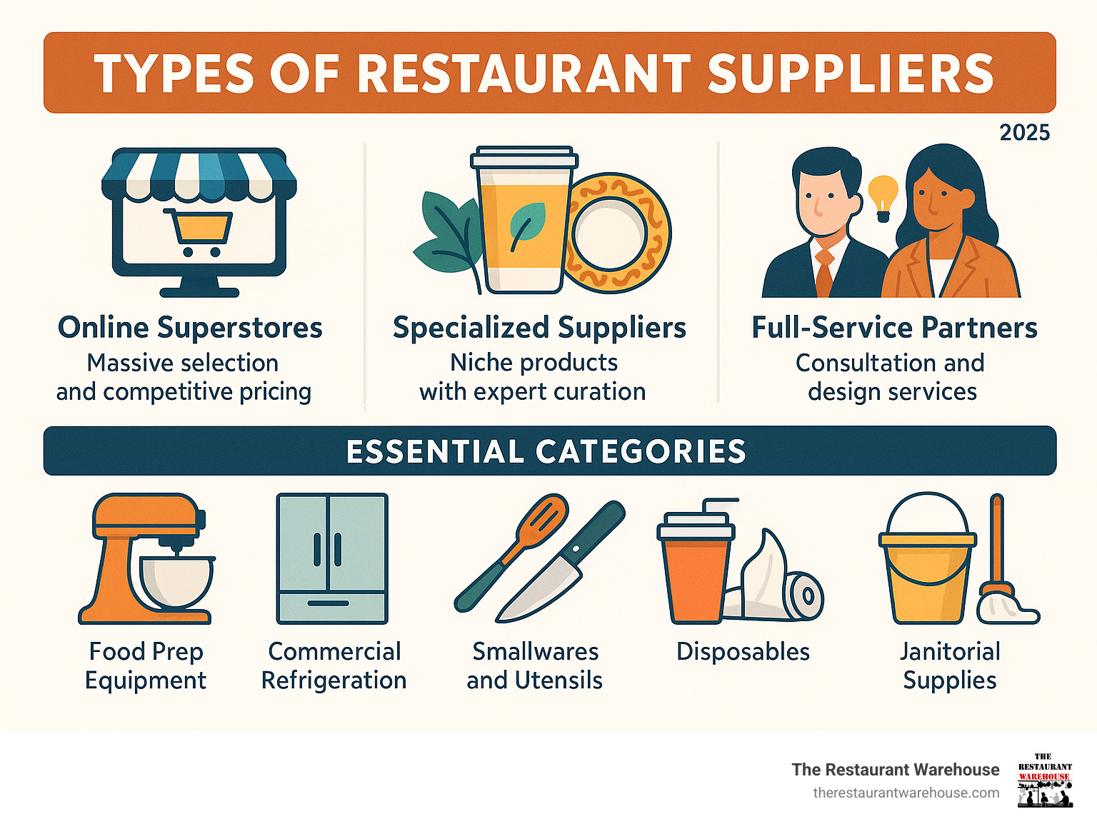 Types of Restaurant Suppliers: Online Superstores offer massive selection and competitive pricing with fast shipping nationwide. Specialized Suppliers focus on niche products like eco-friendly disposables and unique tableware with expert curation. Full-Service Partners provide consultation, bulk coordination, and design services for large operations. Essential Categories include Food Prep Equipment, Commercial Refrigeration, Smallwares and Utensils, Disposables and Janitorial Supplies - Restaurant supplies USA infographic 
