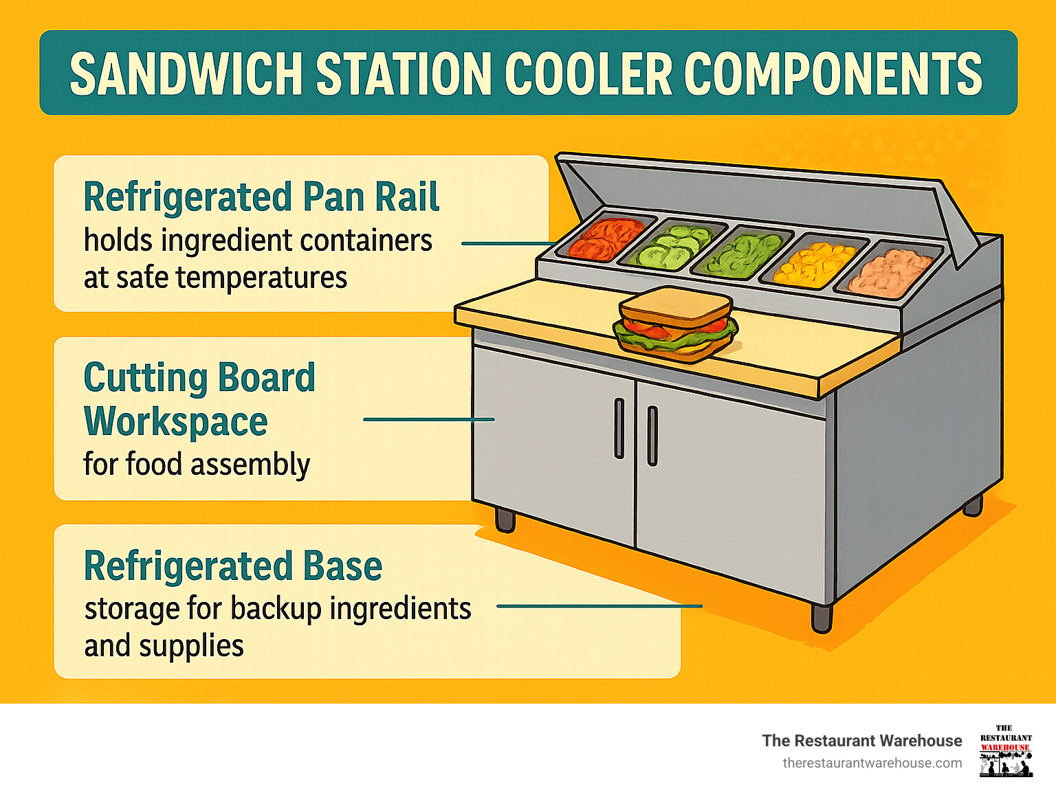 Infographic showing the three main components of a sandwich prep table: refrigerated pan rail on top holding ingredient containers at safe temperatures, cutting board workspace in the middle for food assembly, and refrigerated base storage below with doors or drawers for backup ingredients and supplies - sandwich station cooler infographic 