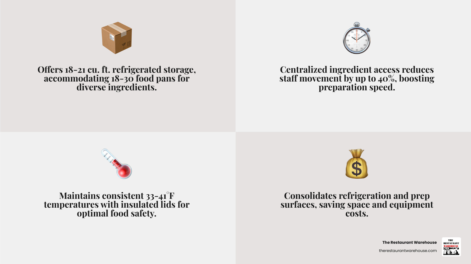 Infographic showing three main benefits of 3-door sandwich prep tables: increased storage capacity with 18-21 cubic feet of refrigerated space, improved workflow efficiency reducing staff movement, and improved food safety maintaining 33-41°F temperatures with insulated lids - 3 door sandwich prep table infographic 4_facts_emoji_grey Infographic showing three main benefits of 3-door sandwich prep tables: increased storage capacity with 18-21 cubic feet of refrigerated space, improved workflow efficiency reducing staff movement, and improved food safety maintaining 33-41°F temperatures with insulated lids - 3 door sandwich prep table infographic 4_facts_emoji_grey