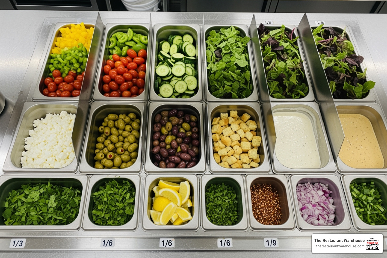 image showing different pan configurations using 1/3, 1/6, and 1/9 size pans with divider bars - 3 door sandwich prep table image showing different pan configurations using 1/3, 1/6, and 1/9 size pans with divider bars - 3 door sandwich prep table