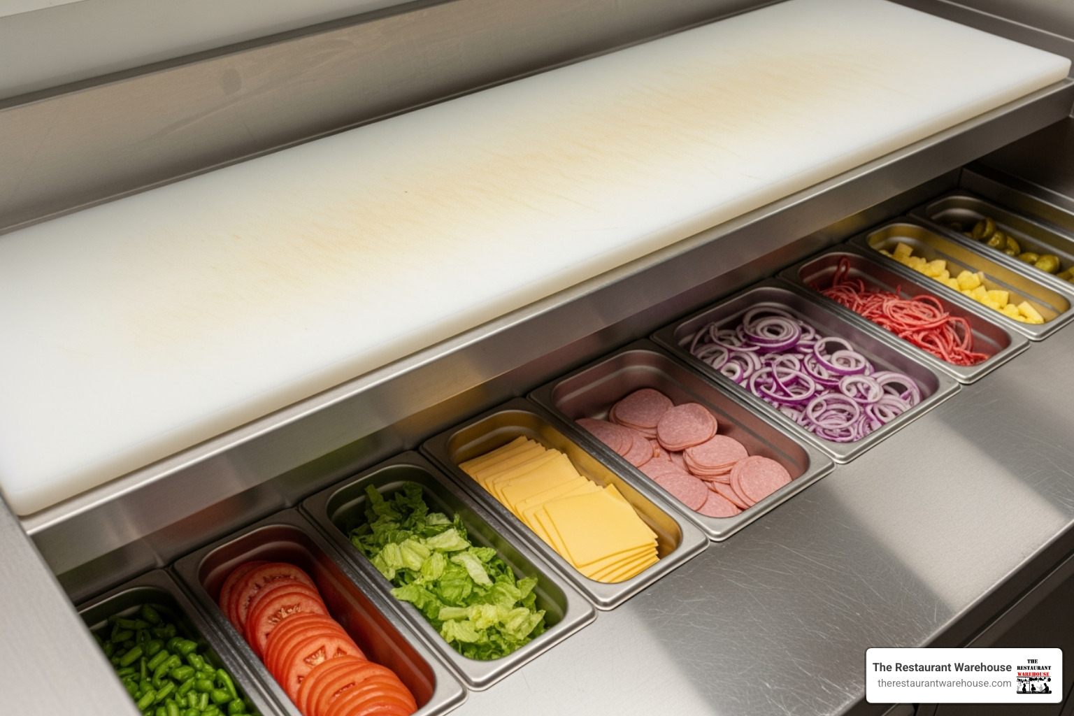 image of a deep, full-length polyethylene cutting board on a prep table - 3 door sandwich prep table image of a deep, full-length polyethylene cutting board on a prep table - 3 door sandwich prep table