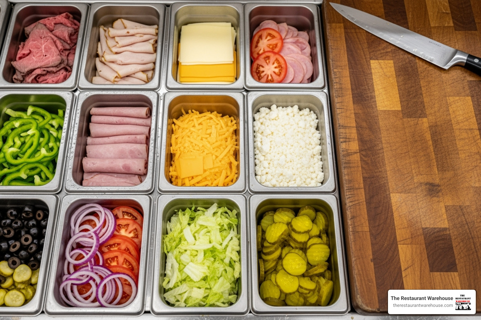image of a prep table's top section showing fresh ingredients in chilled pans - 3 door sandwich prep table image of a prep table's top section showing fresh ingredients in chilled pans - 3 door sandwich prep table