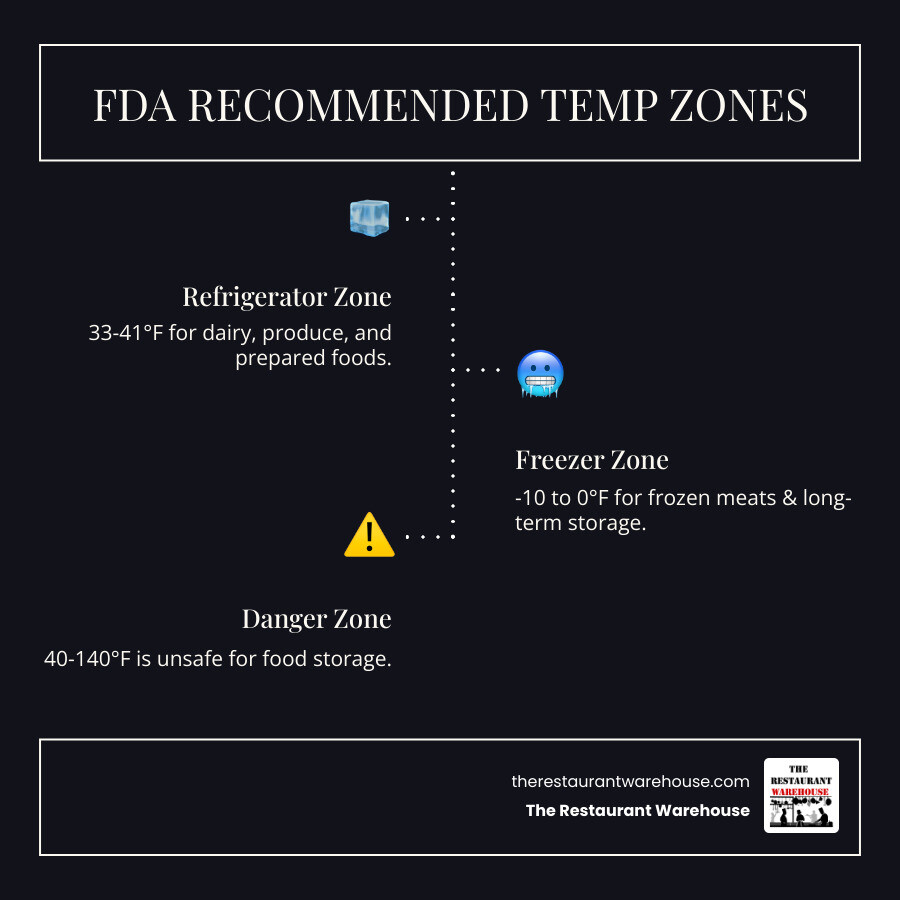 infographic showing FDA recommended temperature zones for commercial refrigeration: refrigerator zone 33-41°F for dairy, produce, and prepared foods, freezer zone -10 to 0°F for frozen meats and long-term storage, with danger zone 40-140°F clearly marked as unsafe for food storage - reach in fridge commercial infographic infographic-line-3-steps-dark