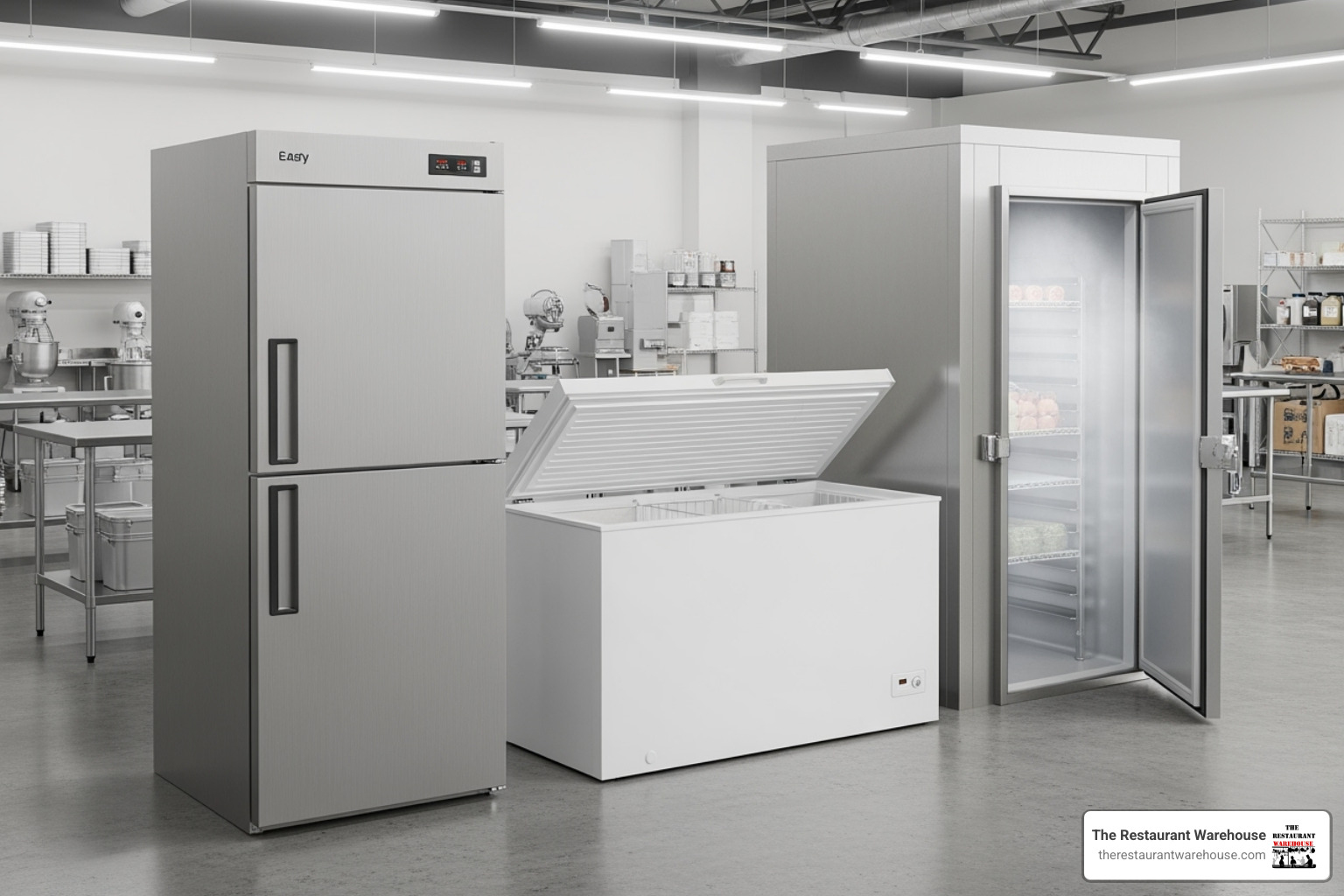 different types of industrial freezers side-by-side (upright, chest, walk-in) - industrial freezers