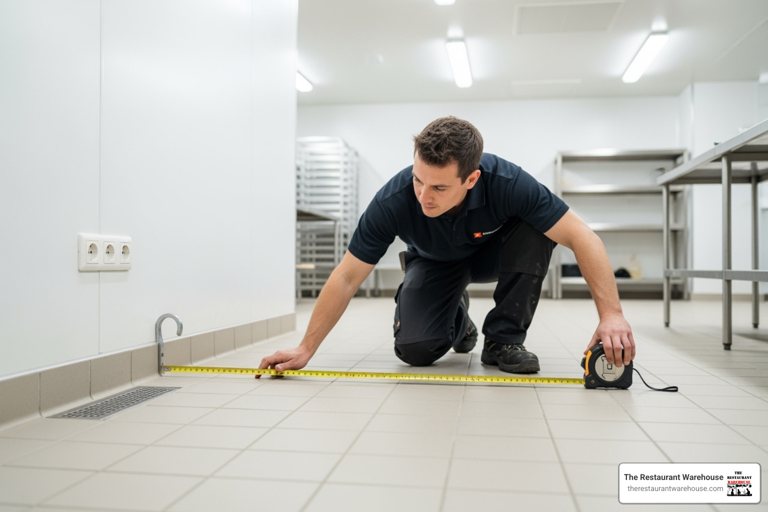 person measuring a space for a new freezer - industrial freezers