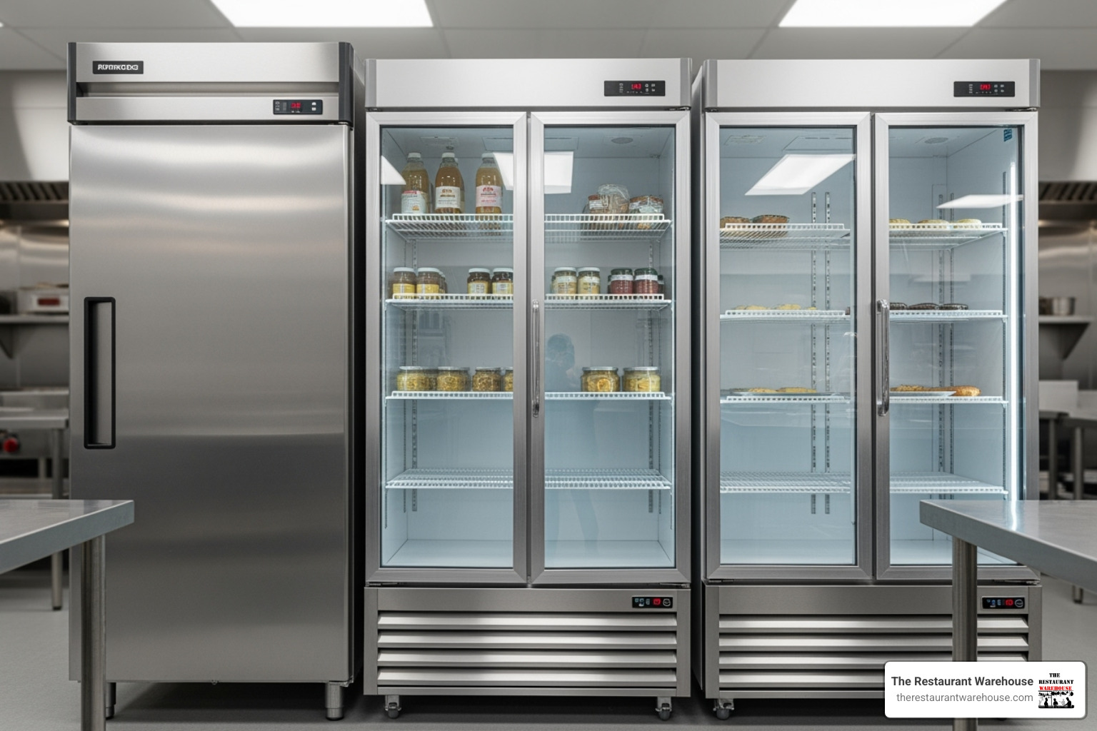 three different reach-in units side-by-side: a single solid door, a double glass door, and a three-door model - reach in fridge commercial